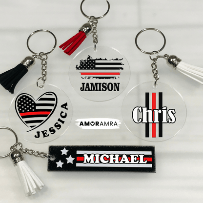Personalized Thin Red Line Keychain, Personalized Firefighter Keychain, Thin Red Line Gift, Fire Services Gift, TRL Gift, Fire Marshal Keychain Gift, paramedic keychain, paramedic gift, thin red line flag keychain gift, first responder gift