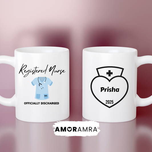 white mug with Registered Nurse text featuring blue nurse scrub. officially discharged for retiring nurses. 