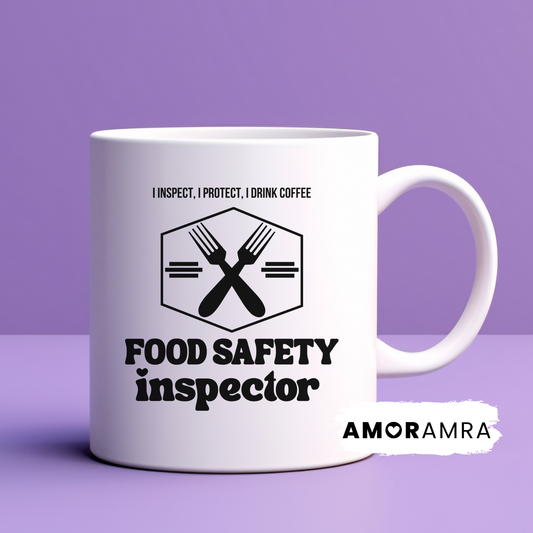 white mug with food safety inspector, i inspect, i protect i drink coffee text with forks crisscrossing image