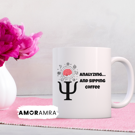 White mug with psychological symbols and text 'Analyzing... and sipping coffee' text. psychologist coffee mug