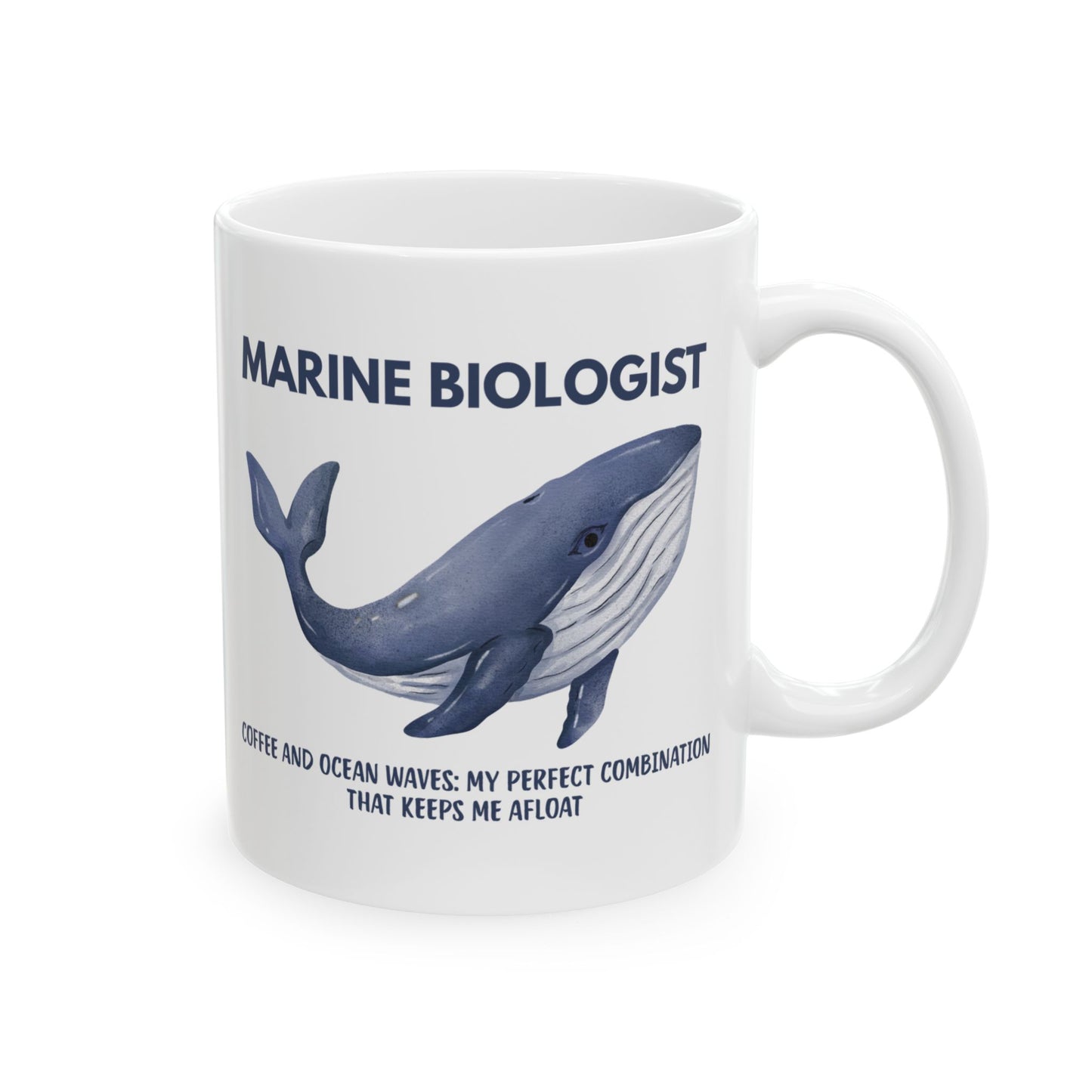 White mug with a whale illustration and text marine biologist. coffee and ocean waves