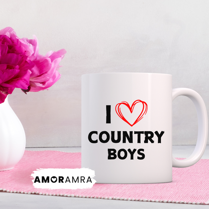 White mug with 'I ❤️ COUNTRY BOYS' text, i love country boys coffee mug