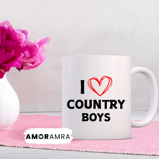 White mug with 'I ❤️ COUNTRY BOYS' text, i love country boys coffee mug