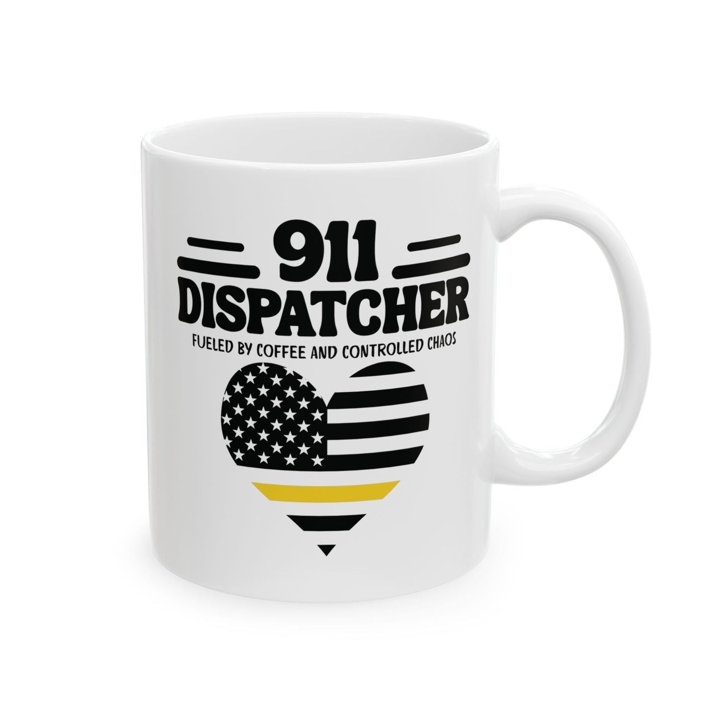 White mug with '911 Dispatcher' text and American flag design thin gold yellow line. dispatcher fueled by coffee and controlled chaos coffee mug