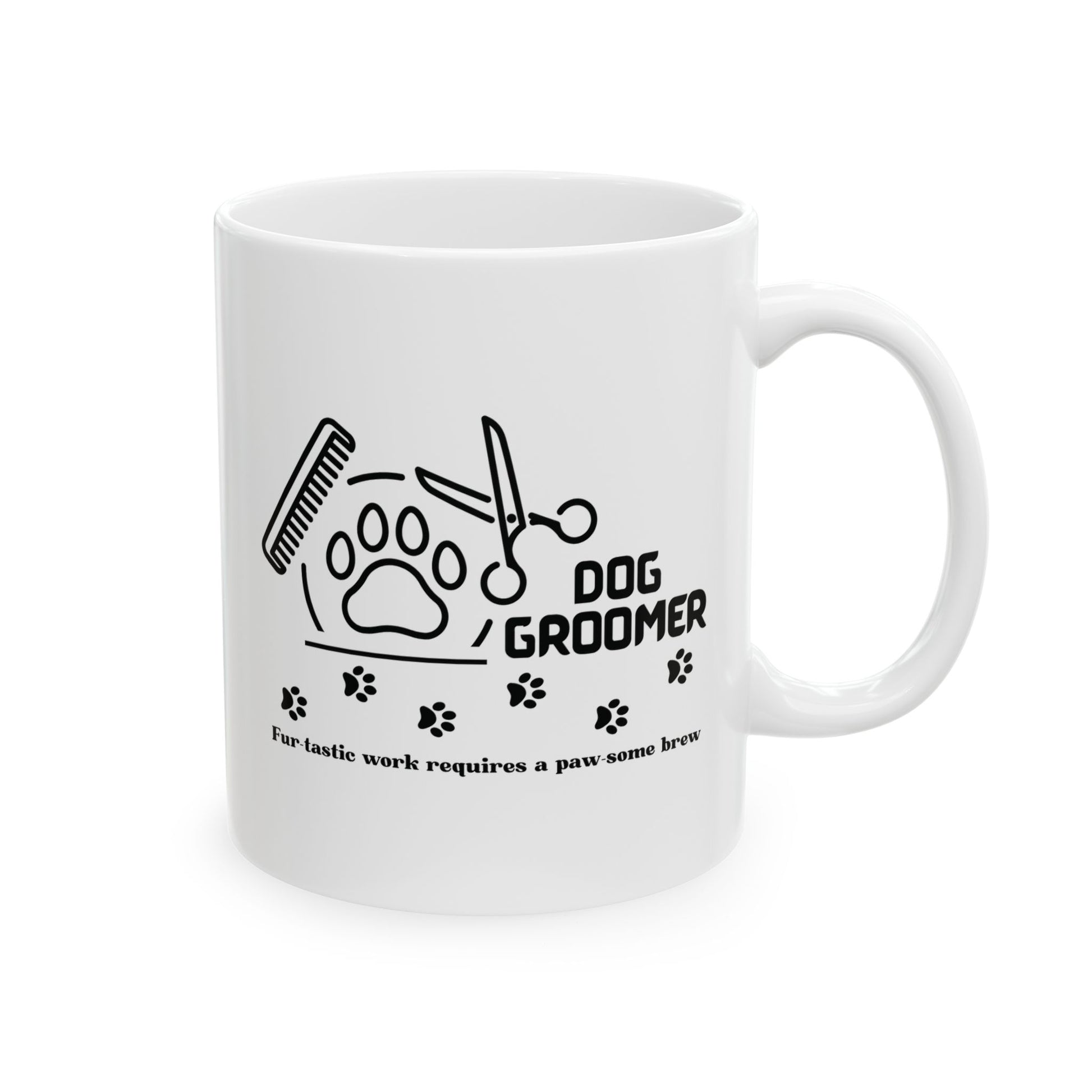 White mug with black dog groomer design and text on a white background