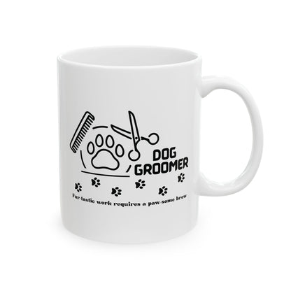 White mug with black dog groomer design and text on a white background