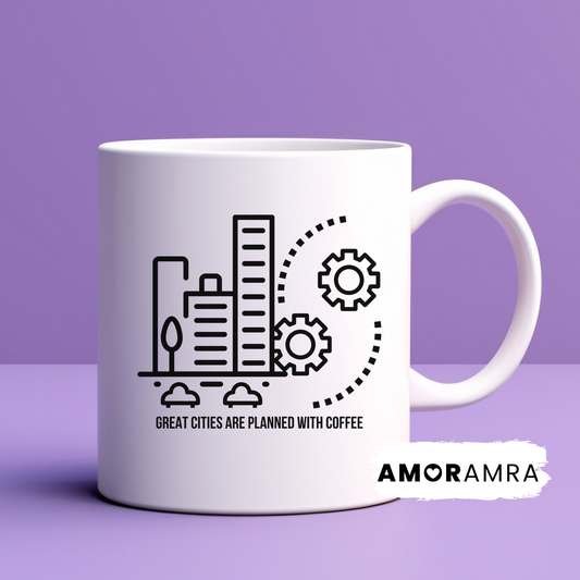 White mug with cityscape and gear design for urban planner. great cities are planned with coffee text