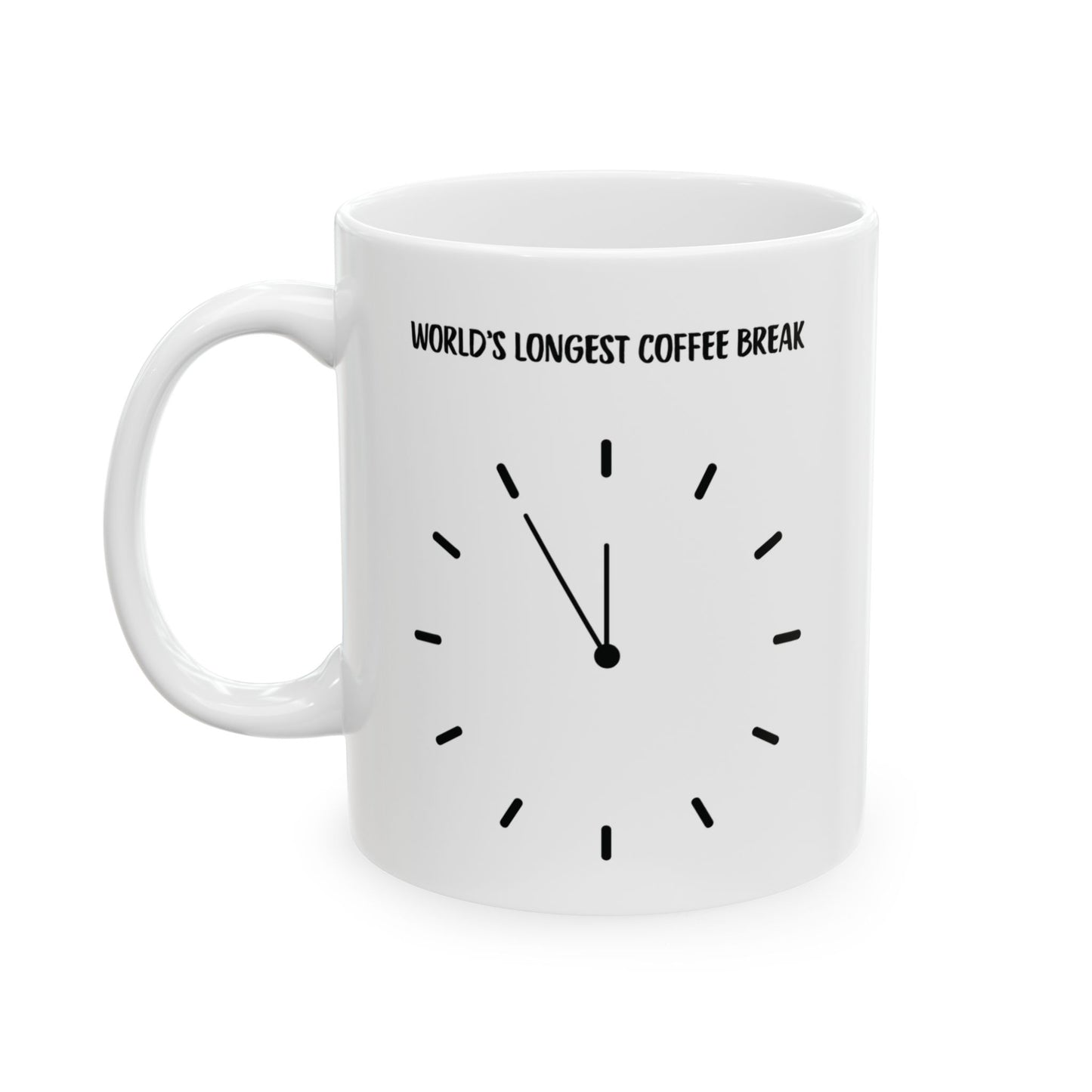 White mug with clock design and 'World's Longest Coffee Break' text for retirement gift