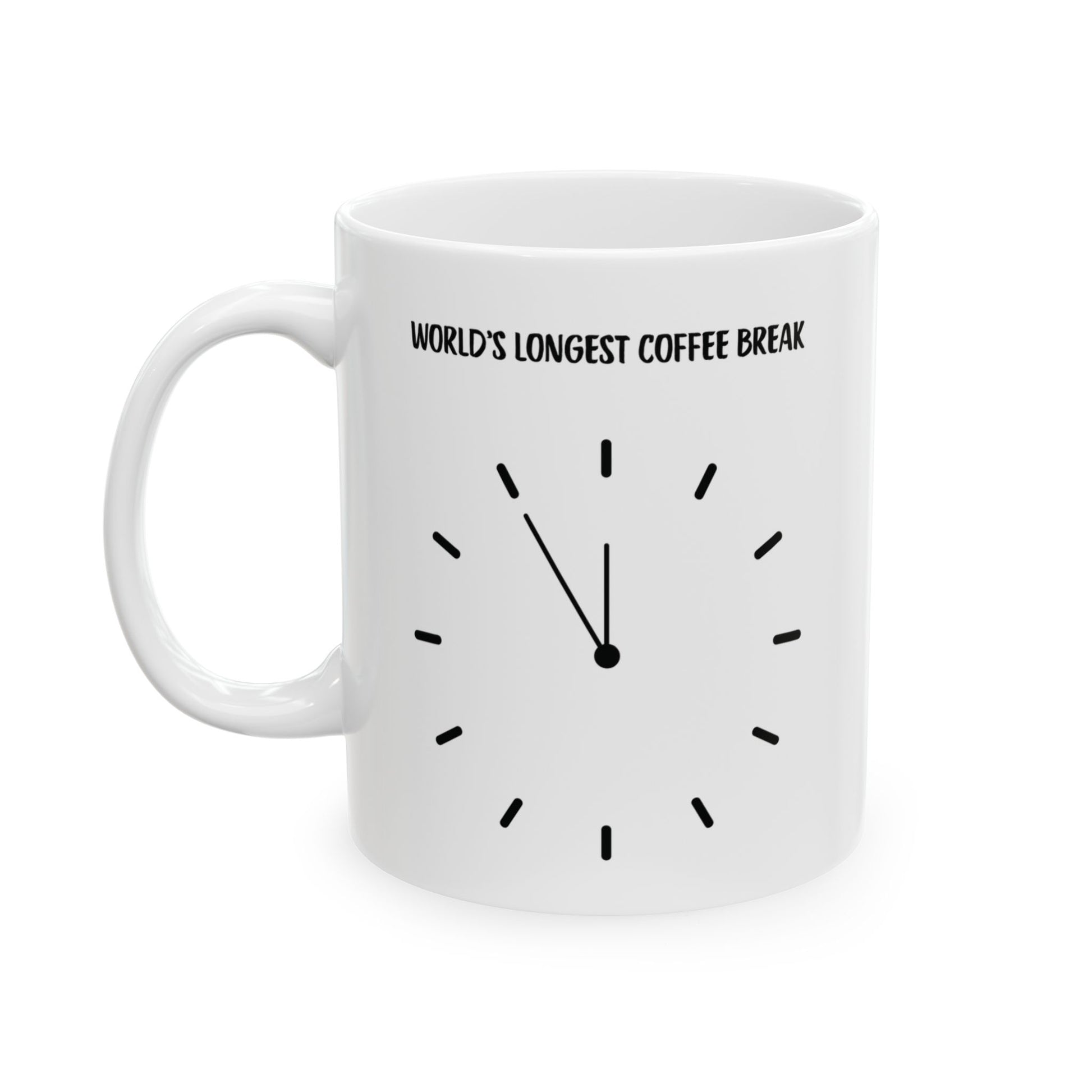 White mug with clock design and 'World's Longest Coffee Break' text for retirement gift