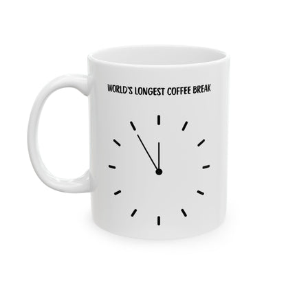 White mug with clock design and 'World's Longest Coffee Break' text for retirement gift