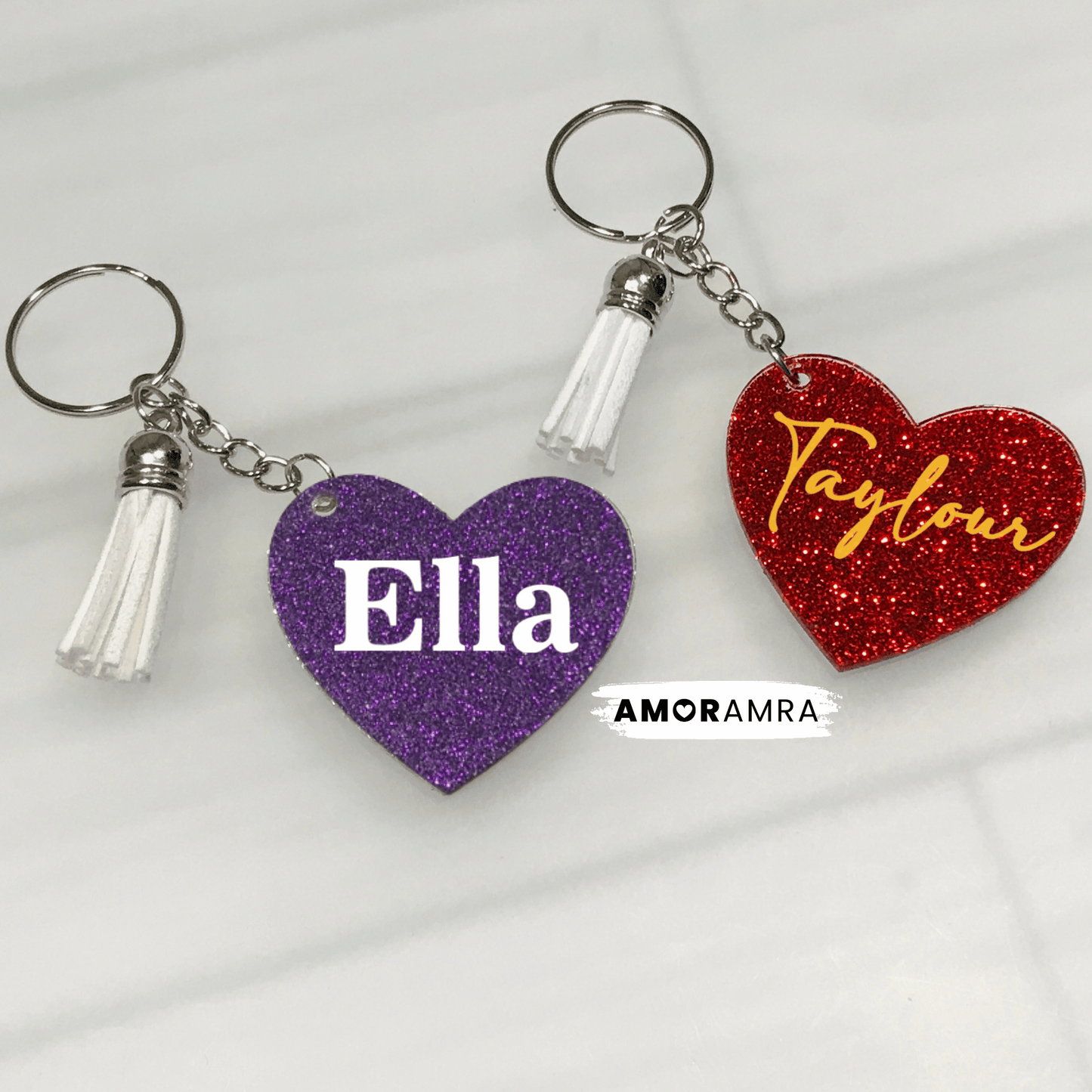 Personalized Glitter Heart Keychains - Amor Amra