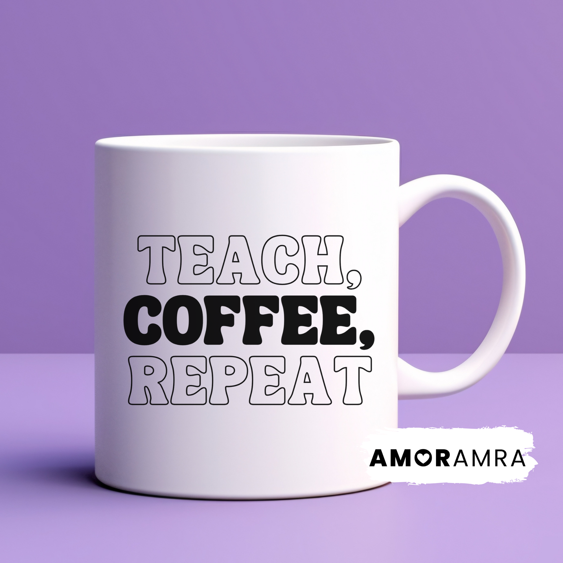 White mug with 'TEACH, COFFEE, REPEAT' 