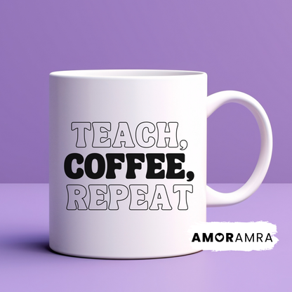 White mug with 'TEACH, COFFEE, REPEAT' 