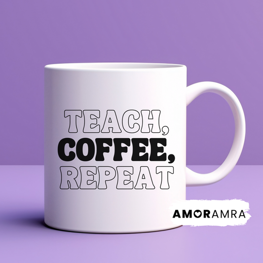 White mug with 'TEACH, COFFEE, REPEAT' 