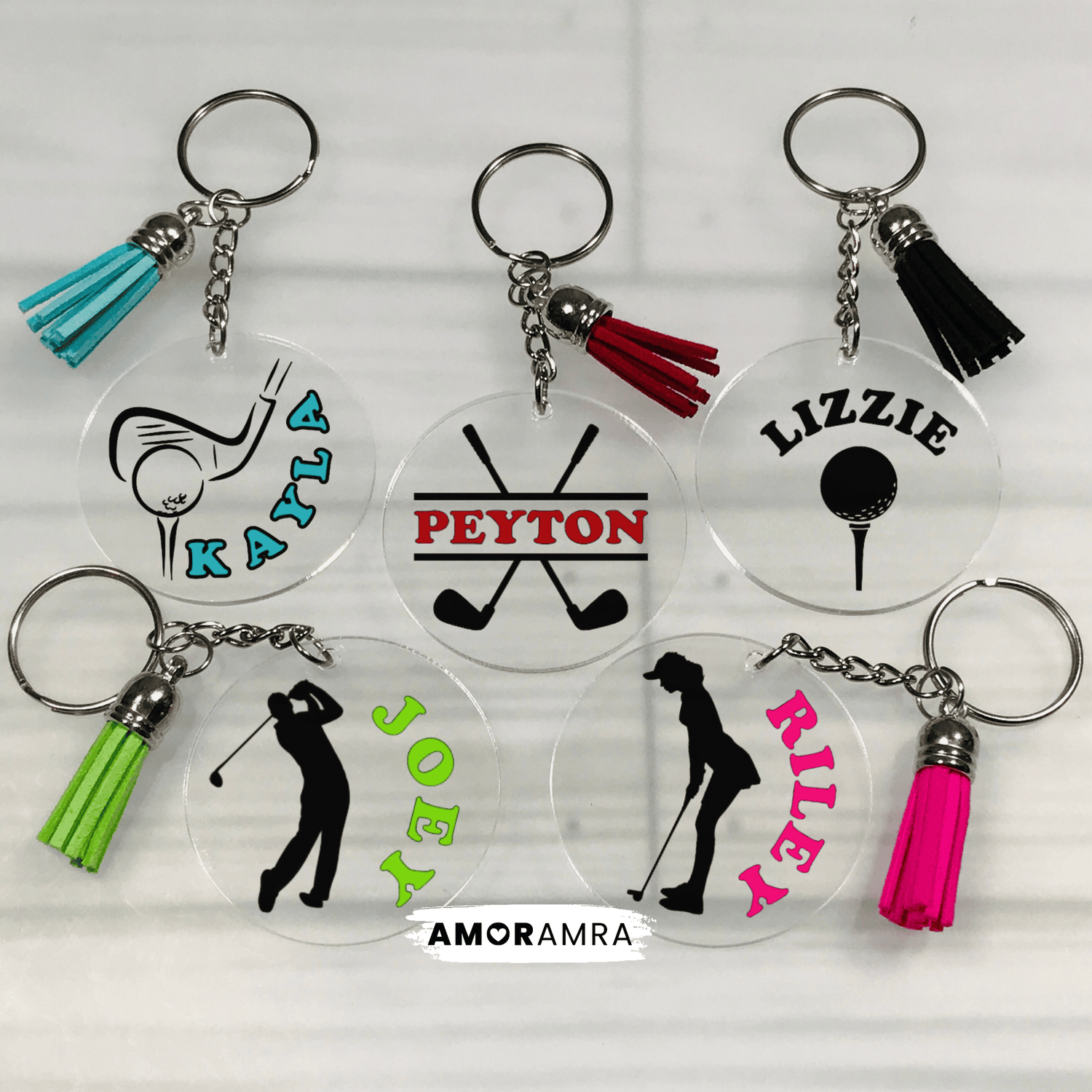 Set of personalized keychains with names and golf-themed designs on a white background. Personalized Golf Keychain, Golf Ball & Tee Keychain, Golf Team Gift, Golf Coach Gift, Golf Bag Tag, Golfer Gift, Golf Bag, Golf Lovers