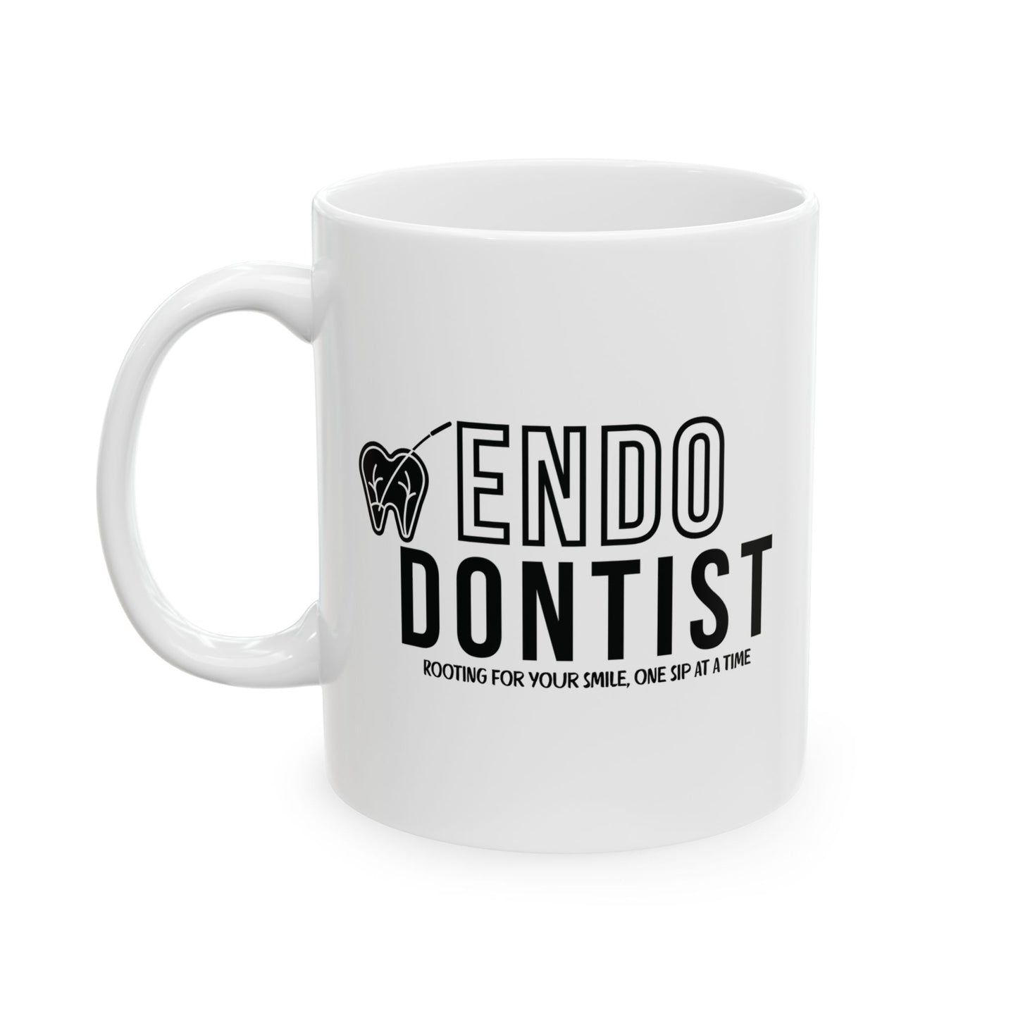 White mug with 'ENDO DONTIST' text and dental symbol on a white background