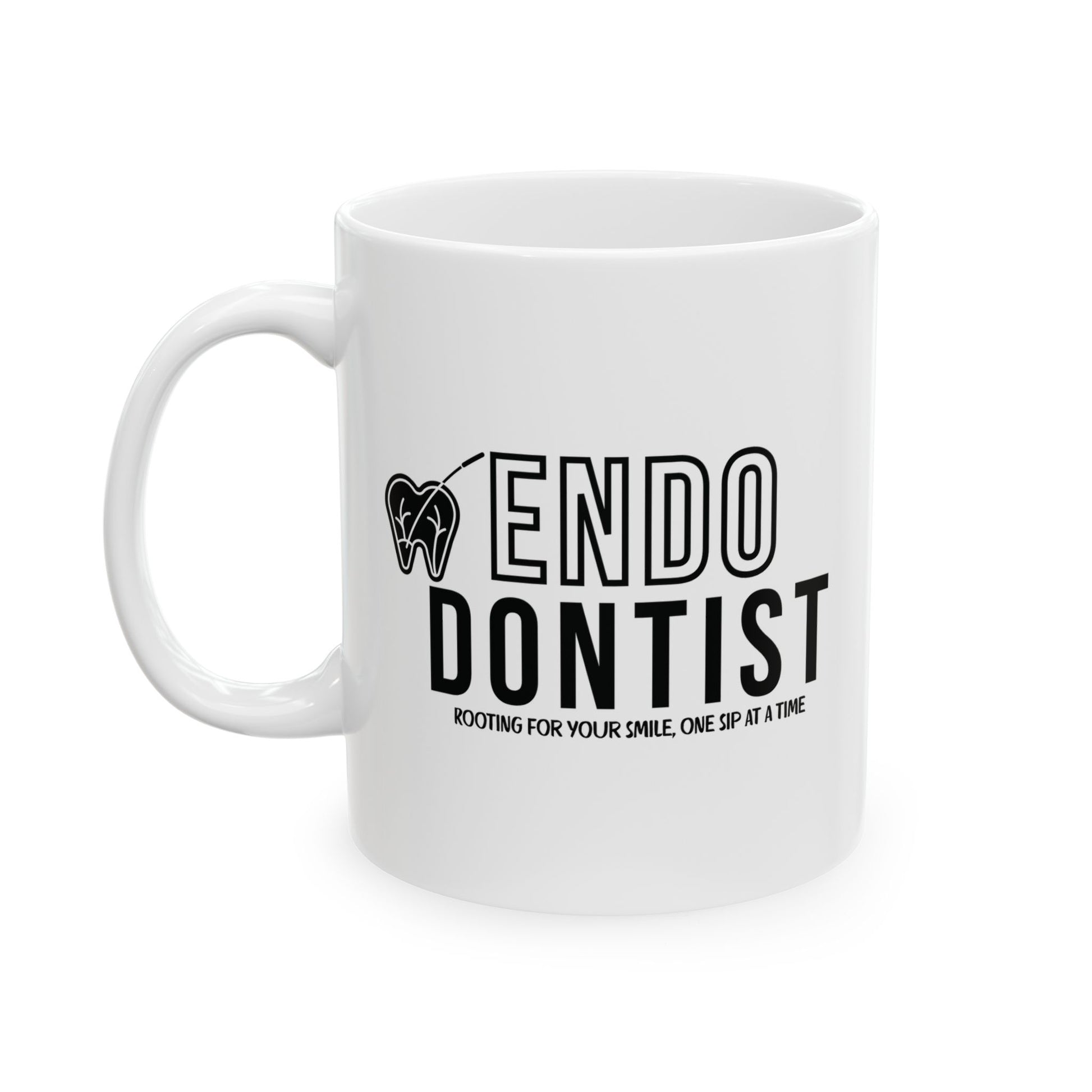 White mug with 'ENDO DONTIST' text and dental symbol on a white background