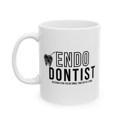 White mug with 'ENDO DONTIST' text and dental symbol on a white background