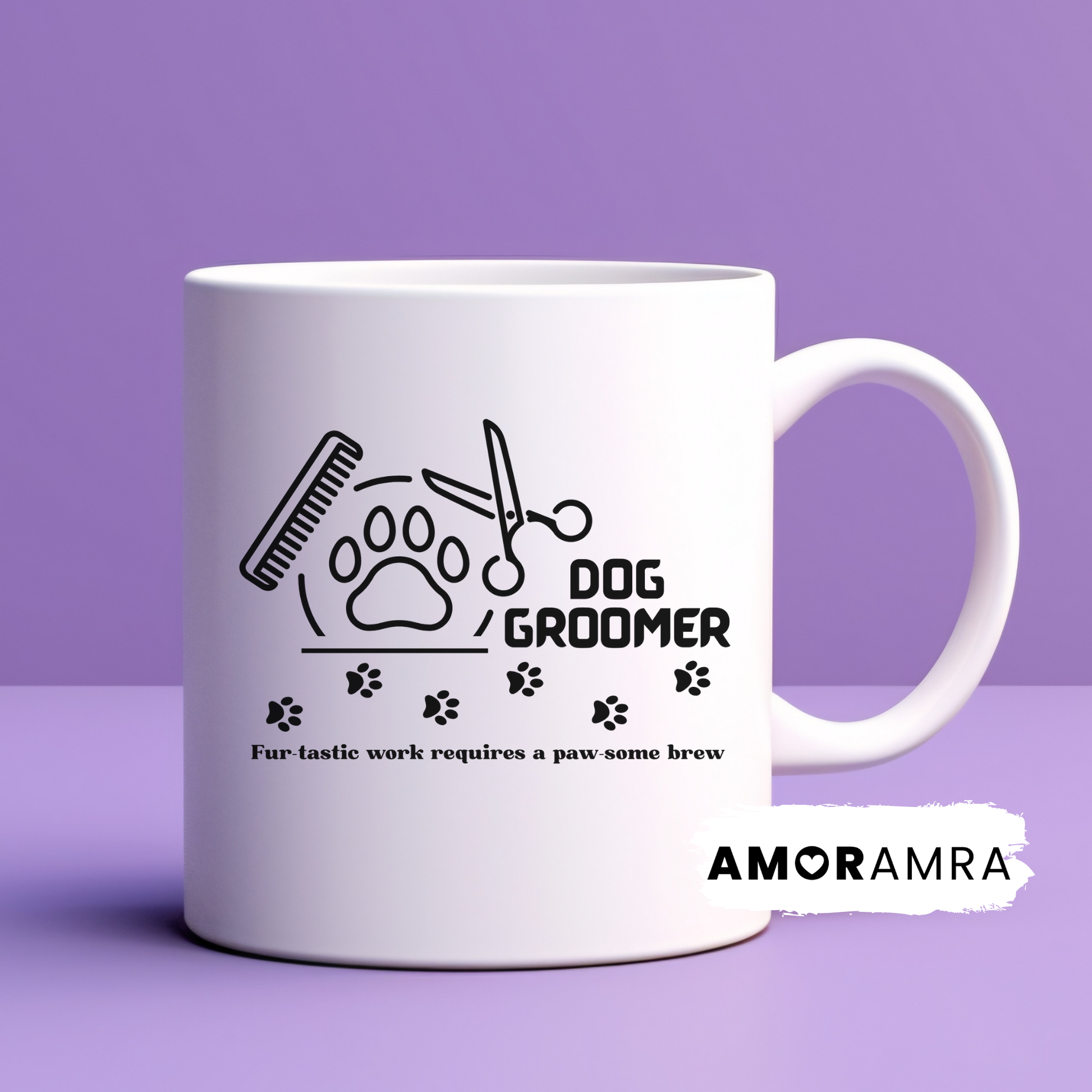 White mug with dog groomer design with paw print, comb and scissors. text Fur-tastic work requires a paw some brew