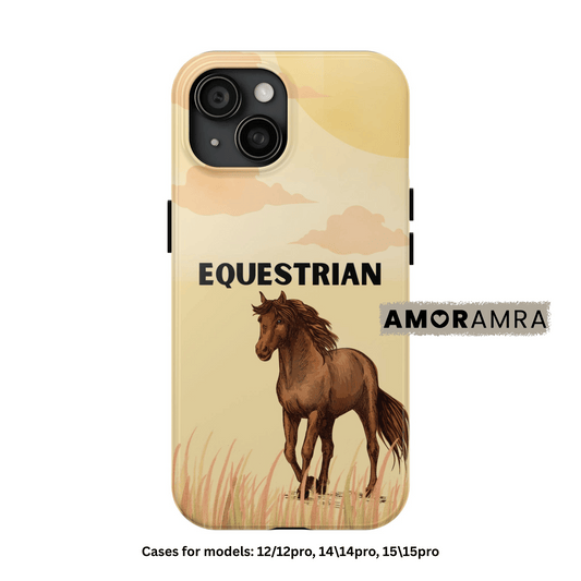 Phone case with a horse design and 'Equestrian' text on a yellow background, Show off your love for all things equestrian with this beautifully designed horse-themed phone case. Made just for riders, cowgirls, and horse lovers like you.