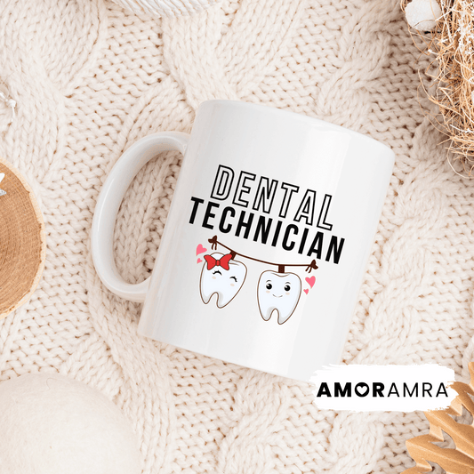 White mug with 'Dental Technician' text and tooth designs.