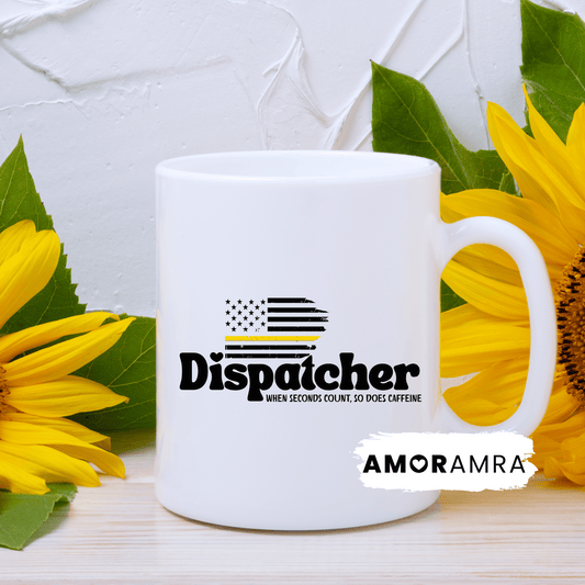 White mug with 'Dispatcher' design thin yellow gold line. when seconds count, so does caffeine coffee mug