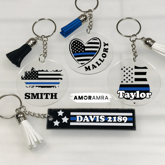 Personalized Thin Blue Line Keychain