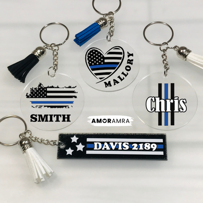 Personalized Thin Blue Line Keychain, Law Enforcement Keychain, Thin Blue Line Gift, Police Week Gift, Police Badge Number, Police Officer