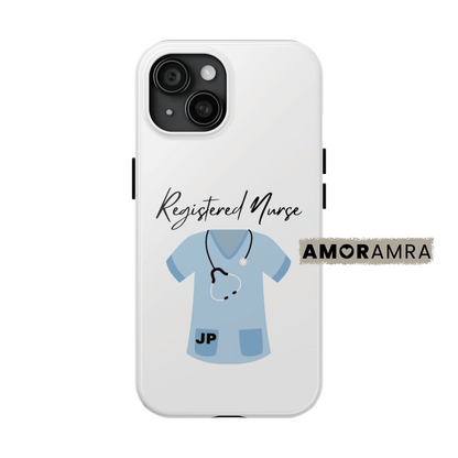 Phone case with a design of blue scrubs, stethoscope, and 'Registered Nurse' text. Personalized Registered Nurse (RN) iPhone Case