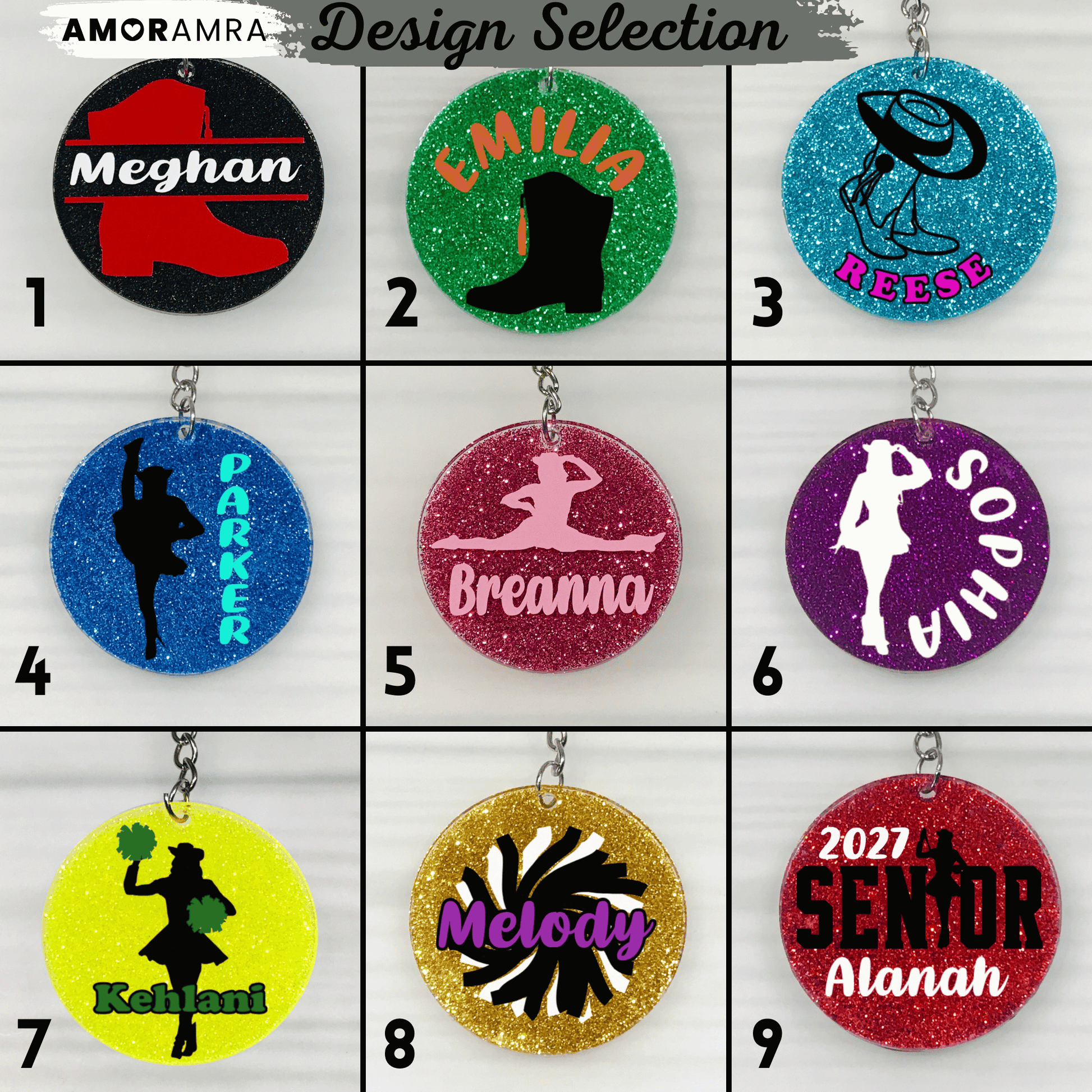 Personalized Glitter Drill Team Keychain | Dance Drill Boot Bag Tag - Amor Amra