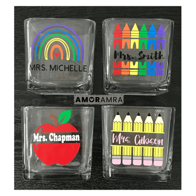 Personalized Teacher Glass Holder | Apple Crayons Pencils Rainbow - Amor Amra