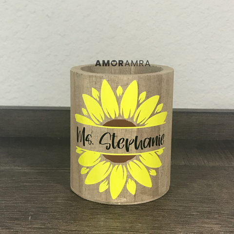 Personalized Wood Pen Holder | Round Desk Organizer - Amor Amra