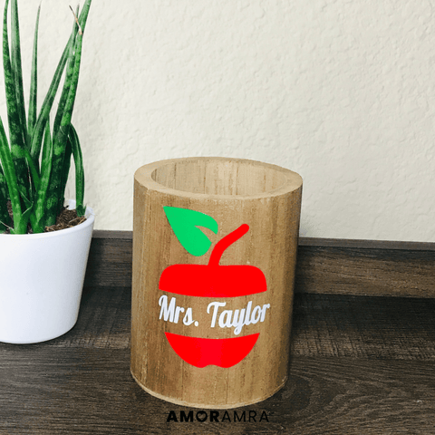 Personalized Wood Pen Holder | Round Desk Organizer - Amor Amra