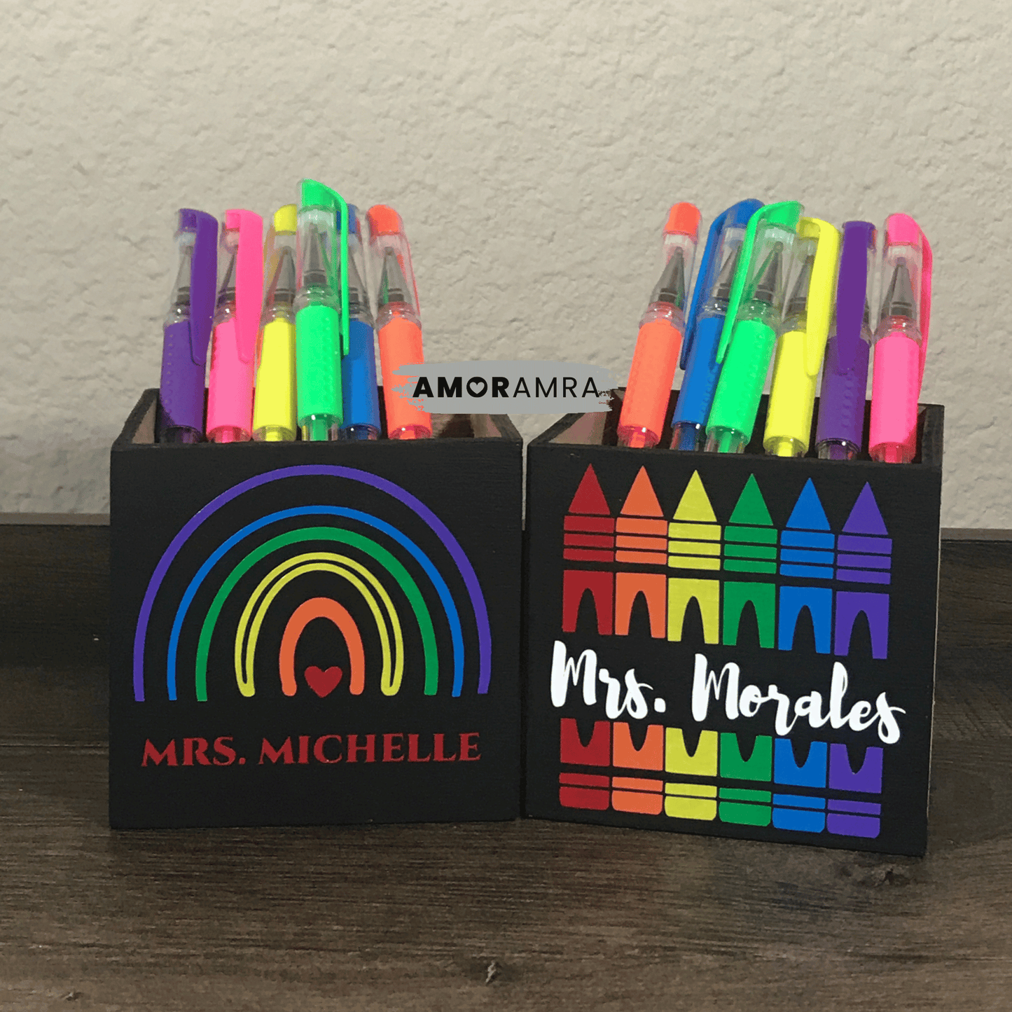 Personalized Wood Pen Holder | Square Desk Organizer - Amor Amra