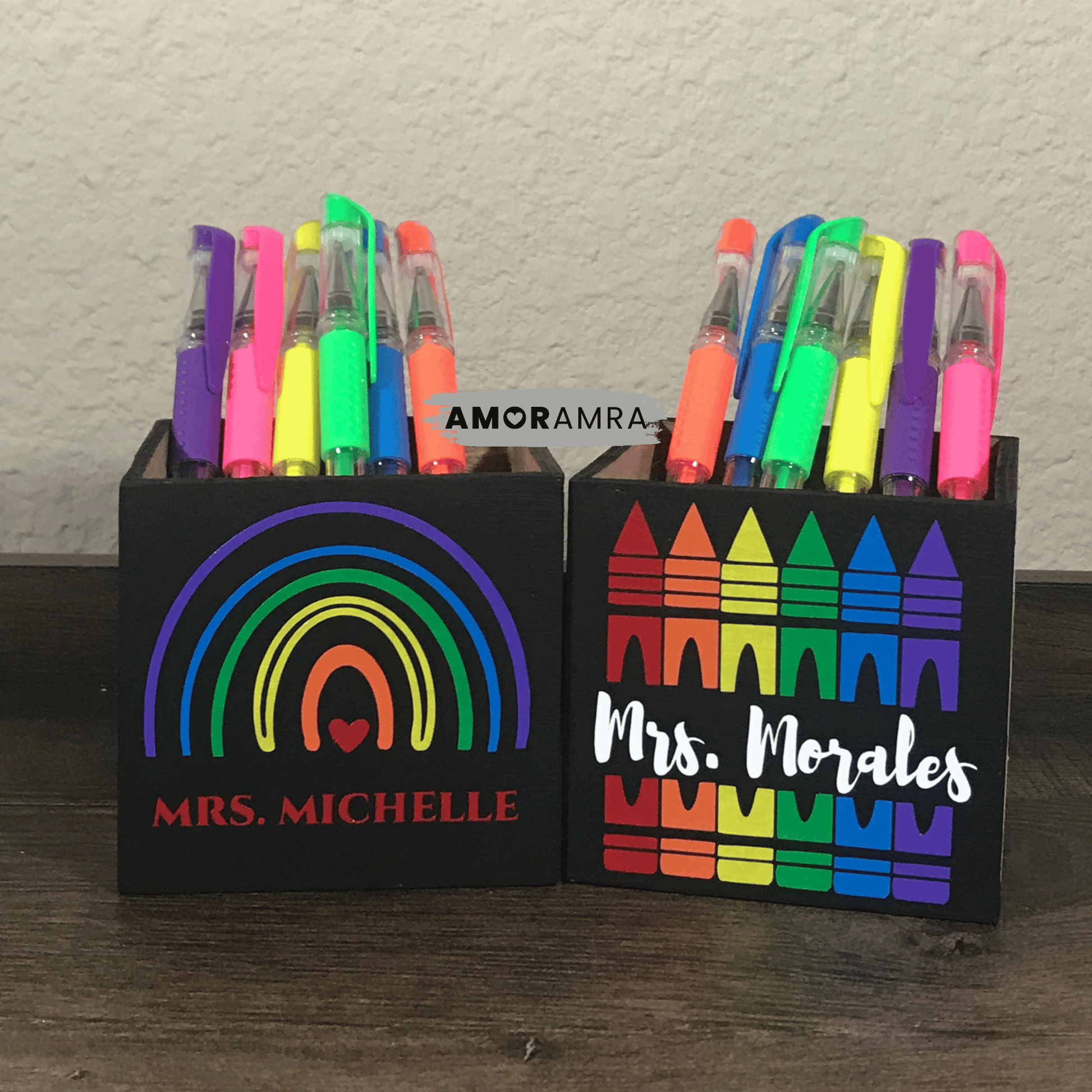Personalized Wood Pen Holder | Square Desk Organizer - Amor Amra