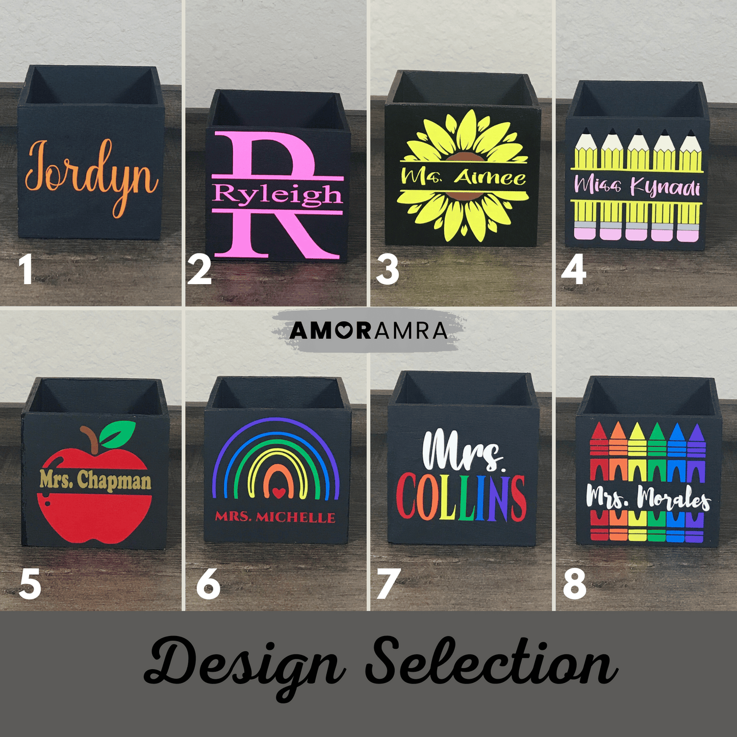 Personalized Wood Pen Holder | Square Desk Organizer - Amor Amra