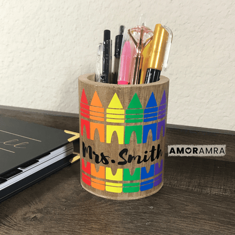 Personalized Wood Pen Holder | Round Desk Organizer - Amor Amra